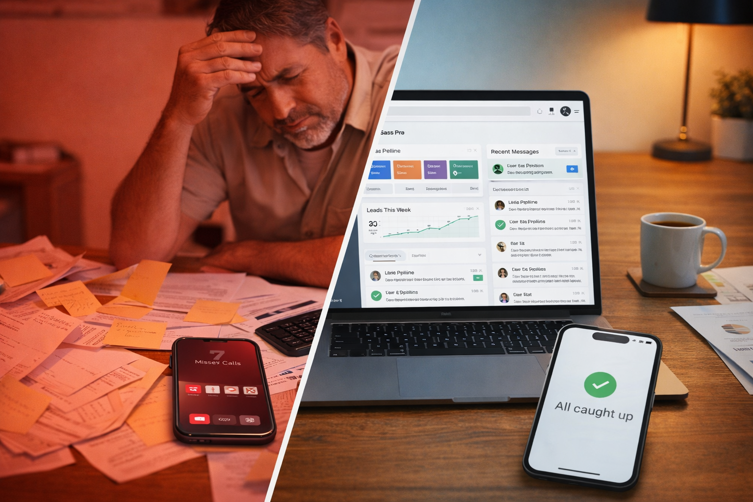 Before: chaos and missed calls. After: organized dashboard and every lead caught.
