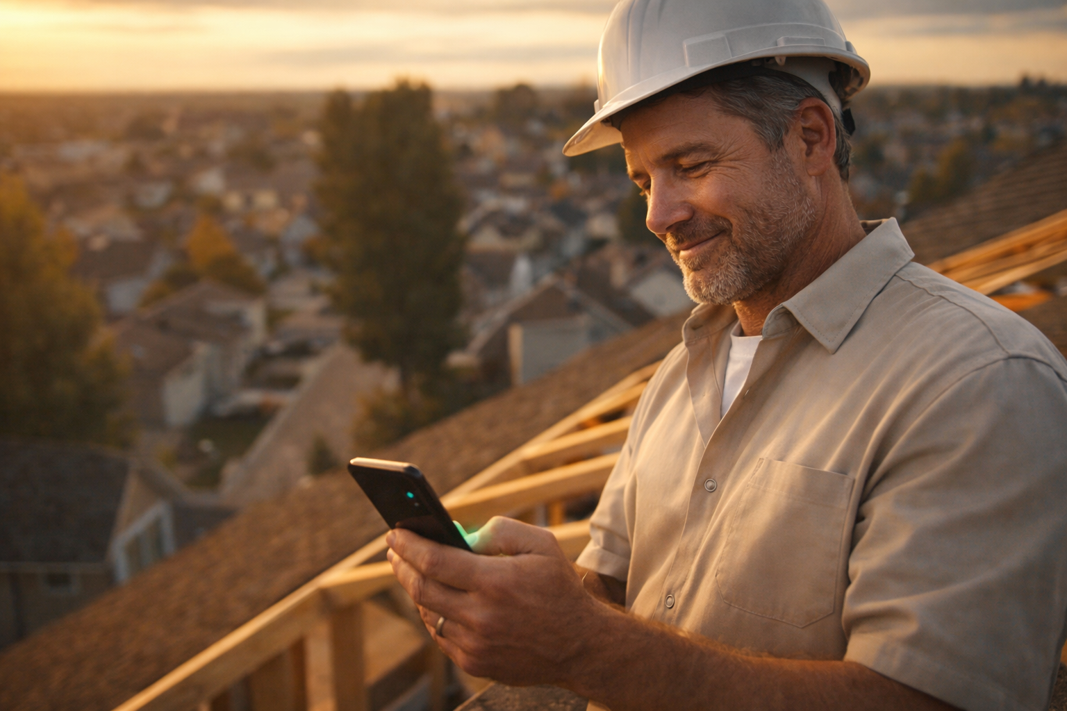 Contractor checking leads on his phone