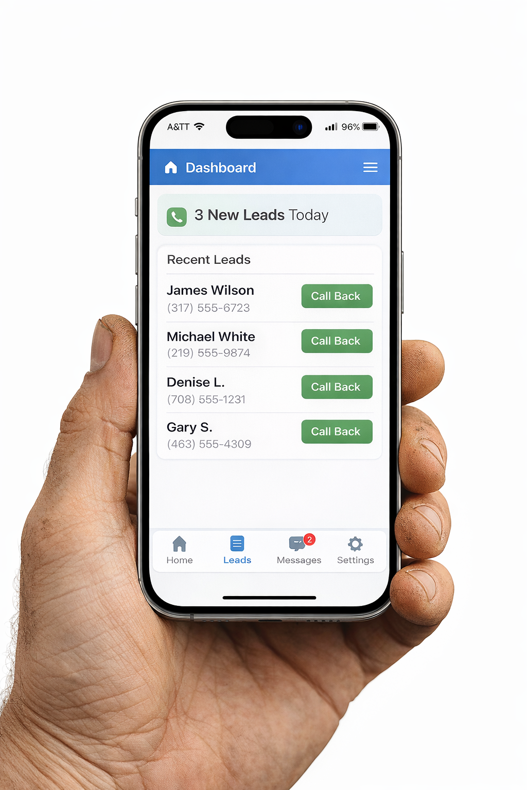 Mobile dashboard showing leads on a contractor's phone